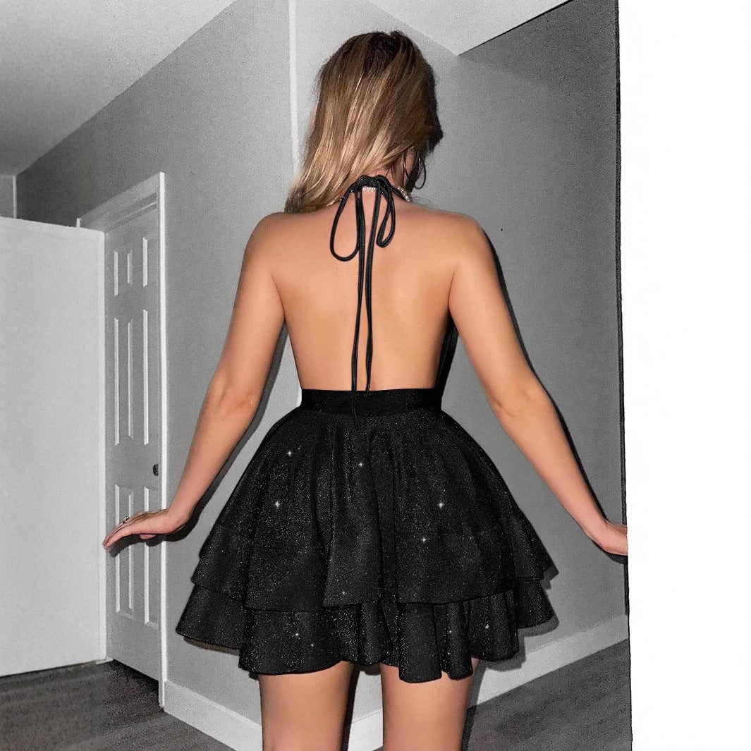 Robe Mini Glamour Joueur pour Femmes avec Décolleté en V Profond et Jupe Flottante R&B