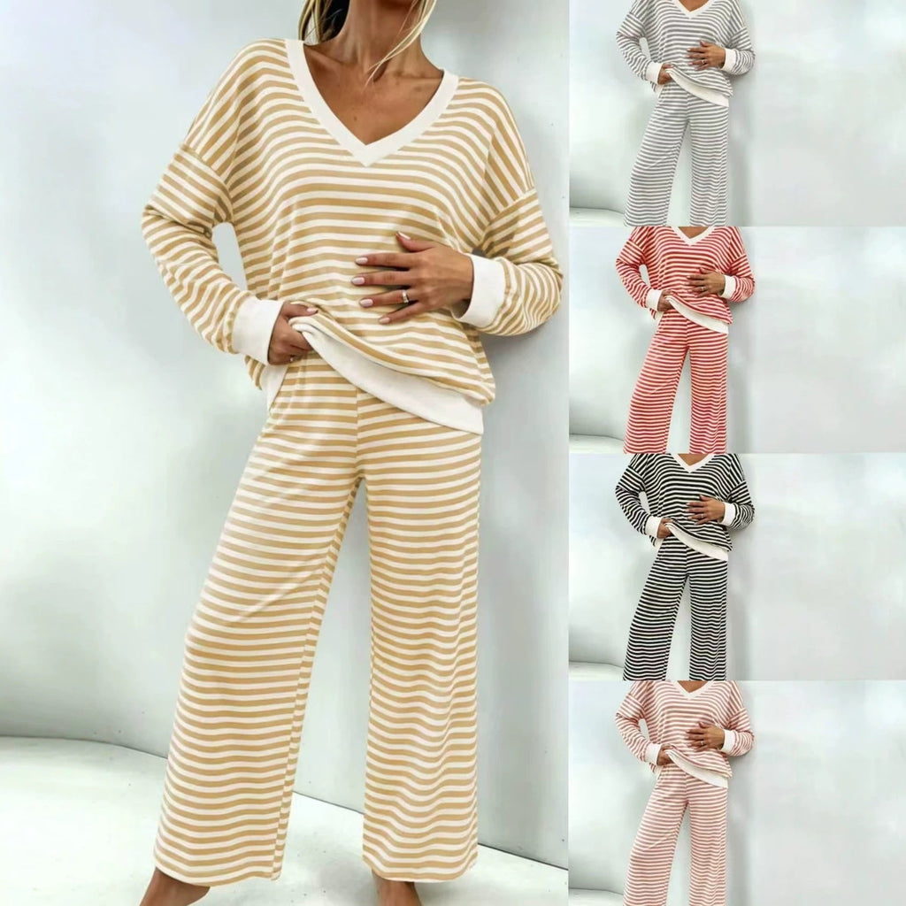 Ensemble de Lounge Rayé pour Femmes avec Décolleté en V, Pull Oversize et Pantalon Palazzo Echoarchiv