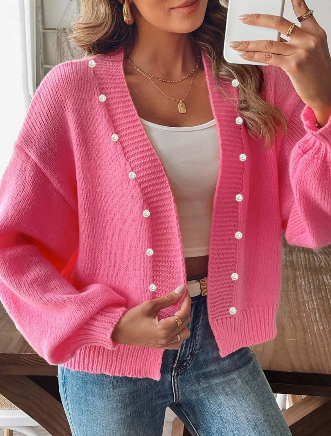 Cardigan en grosse maille pour femmes avec boutons en perles et manches ballon Echo Archiv