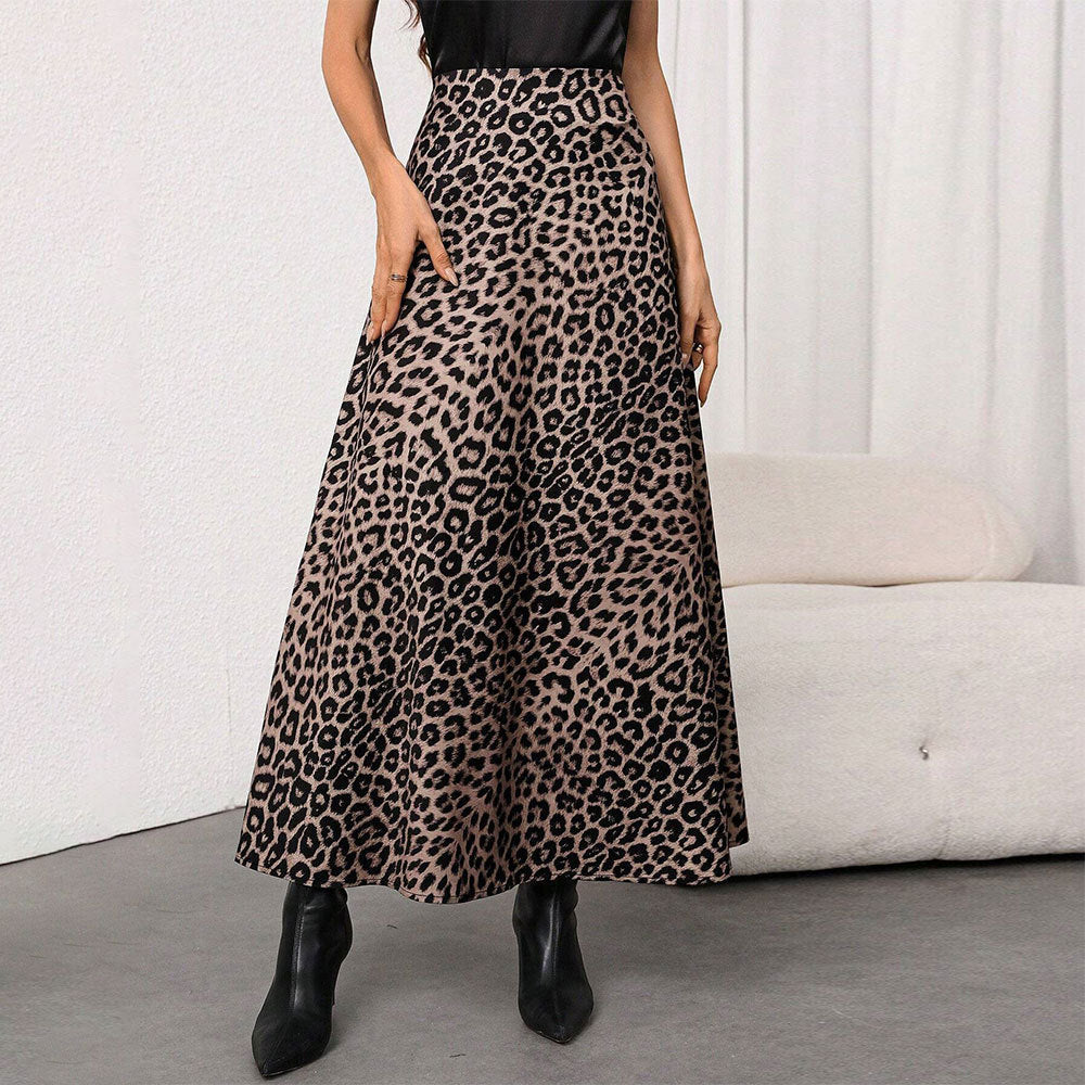 Jupe maxi femme à taille haute, coupe évasée en A et imprimé léopard marqué
