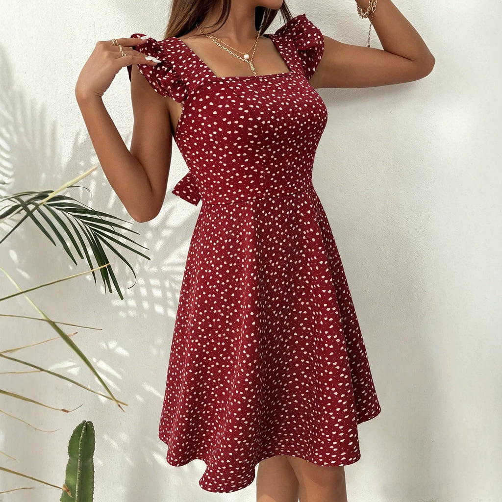 Robe décontractée pour femme, coupe trapèze, avec encolure carrée et manches à volants