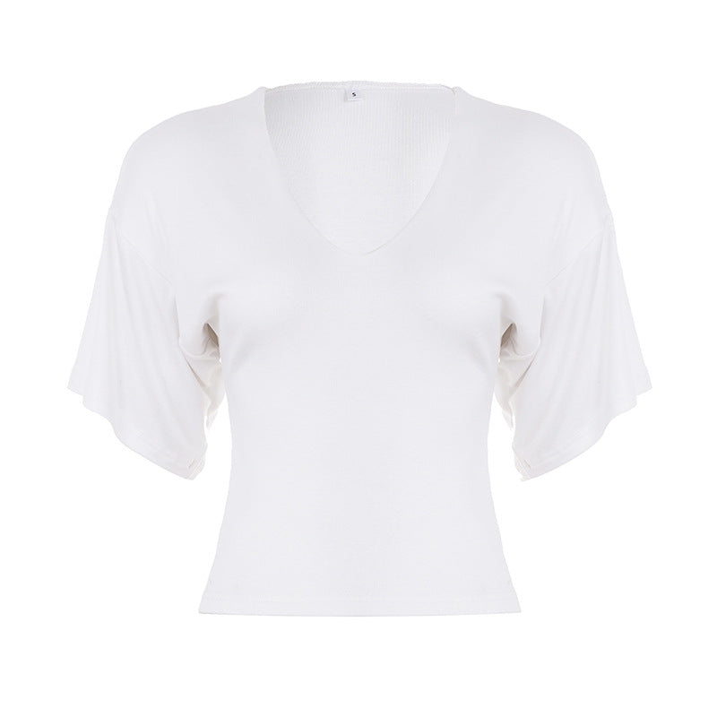 T-shirt cropped décontracté pour femmes avec décolleté en V et manches oversized R&B