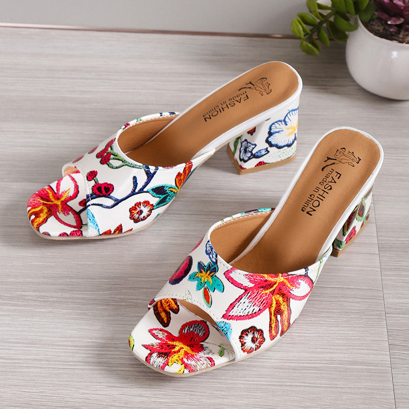 Mules ouvertes pour femmes avec motif floral et talon bloc confortable R&B