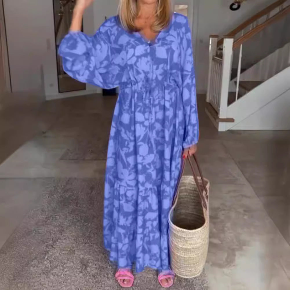 Robe maxi à volants pour femmes avec décolleté en V, taille ajustable et manches ballon R&B