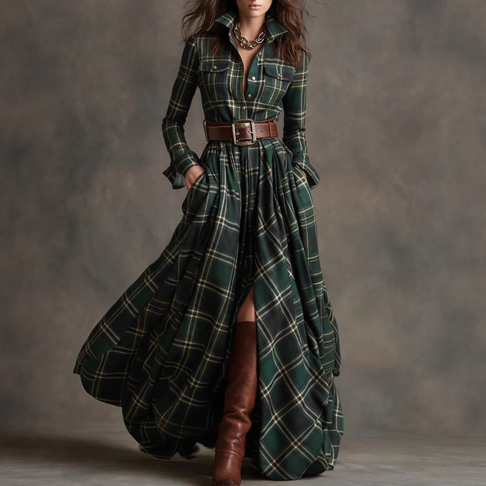 Robe Maxi à Carreaux pour Femmes avec Haut de Chemise, Taille Cintrée et Poches Latérales Echoarchiv