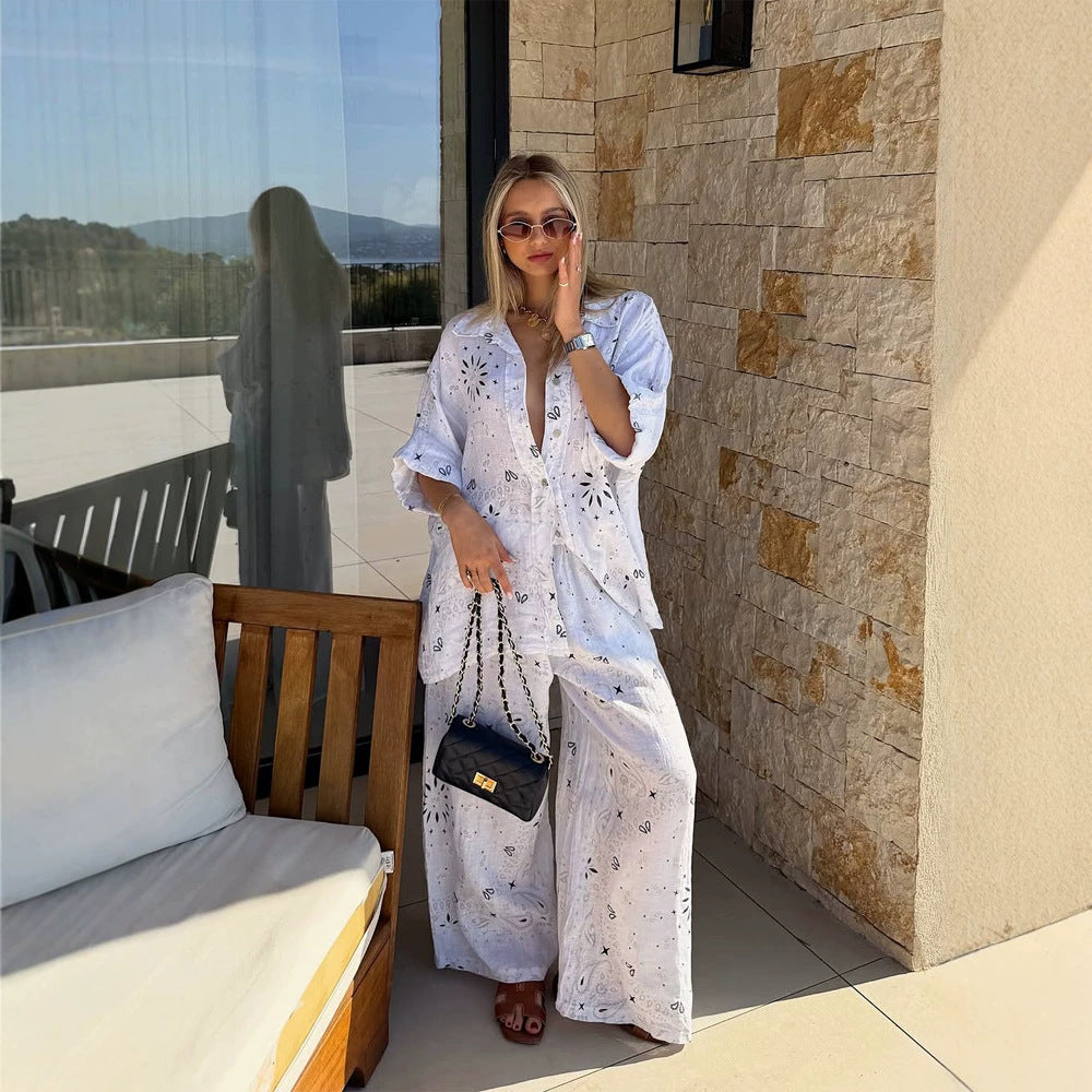 Ensemble de plage à broderie ajourée pour femmes avec chemise oversize, poche poitrine et pantalon palazzo ample R&B
