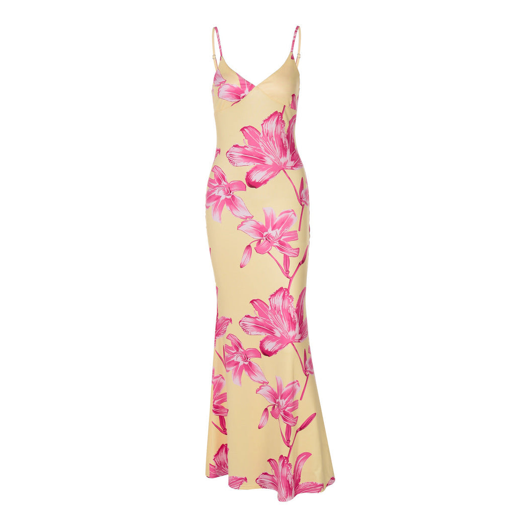 Robe maxi femme avec motif floral et fines bretelles spaghetti Heidi-Mode