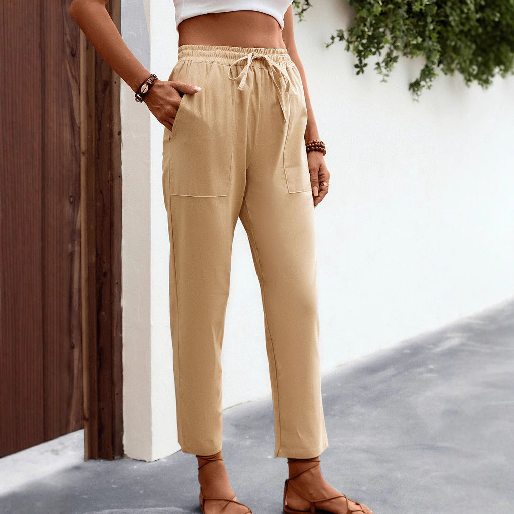 Pantalon Chino Femme Léger Taille Haute avec Cordon de Serrage, Poches Plaquées et Coupe Cheville Raccourcie
