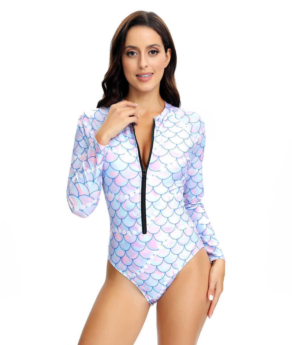 Maillot de bain long à manches pour femmes avec fermeture éclair et motifs élégants Drune
