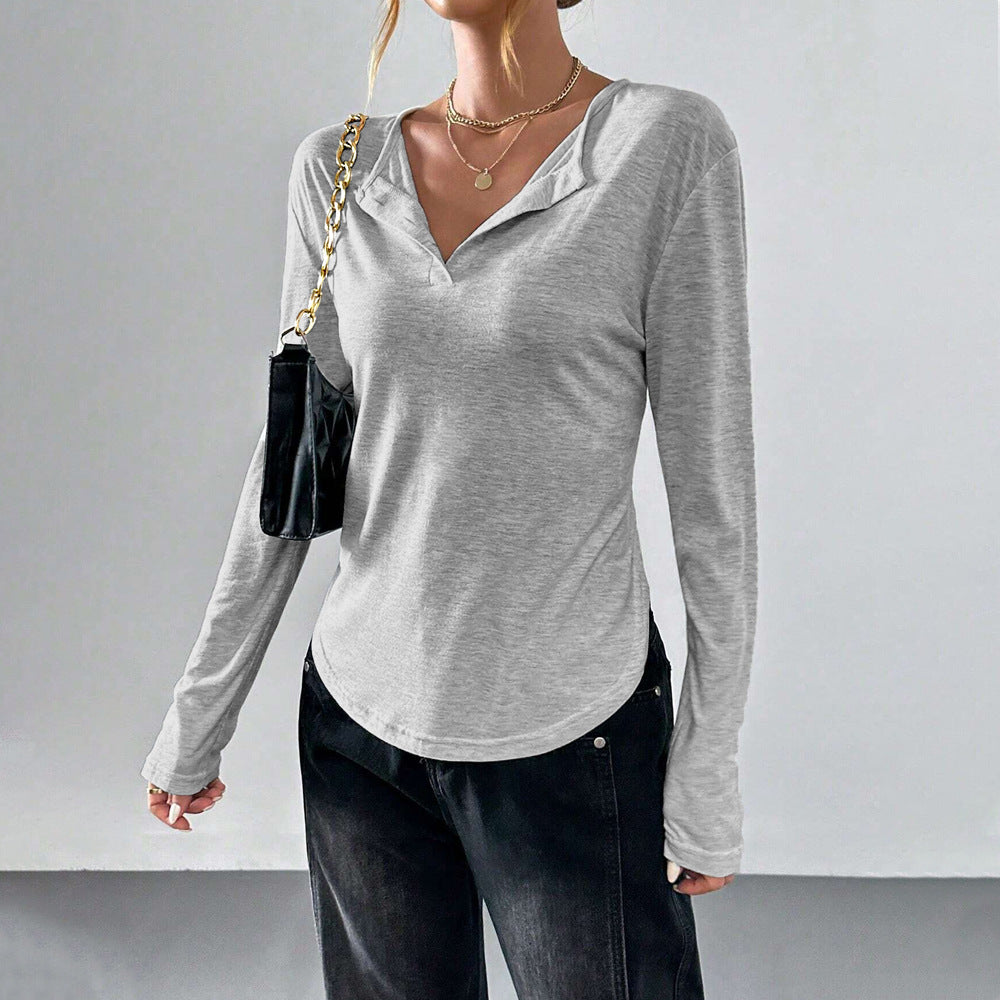 T-shirt à manches longues pour femmes avec décolleté en V, col ouvert, jersey doux et ourlet arrondi