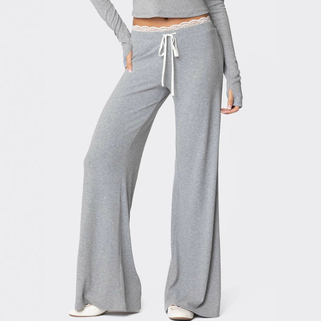 Pantalon de loisirs gris clair pour femmes avec taille élastique et finition en dentelle décorative R&B