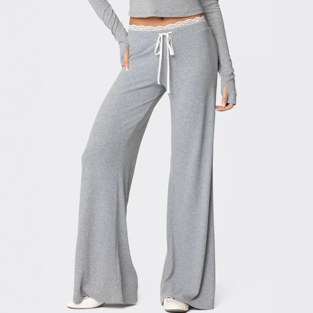 Pantalon de loisirs gris clair pour femmes avec taille élastique et finition en dentelle décorative R&B