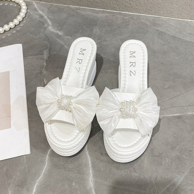 Pantoufles compensées pour femmes avec motif de nœud décoratif et semelle confortable R&B