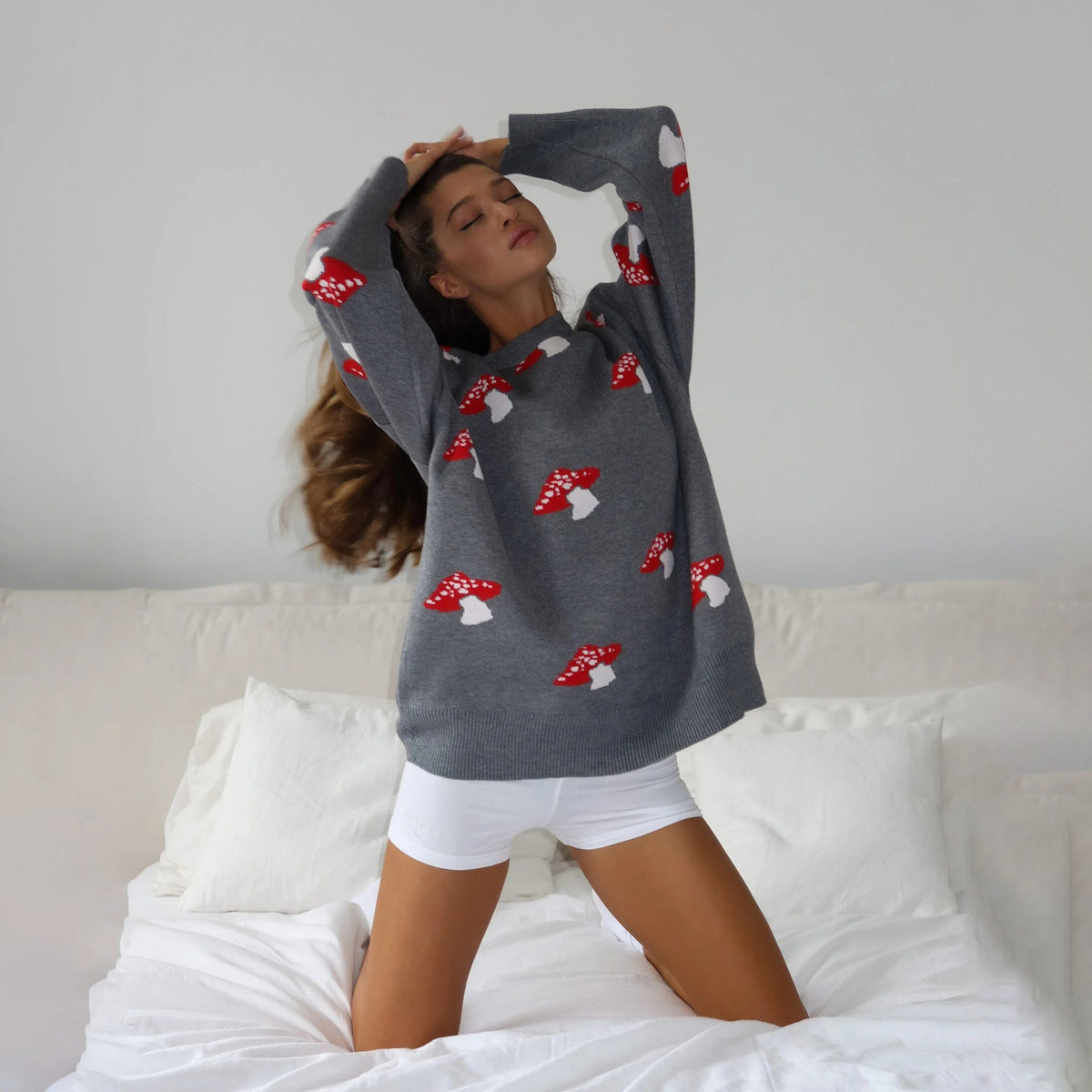 Pull en tricot pour femmes avec motif de champignon, encolure ronde, bords côtelés, Echo Archive