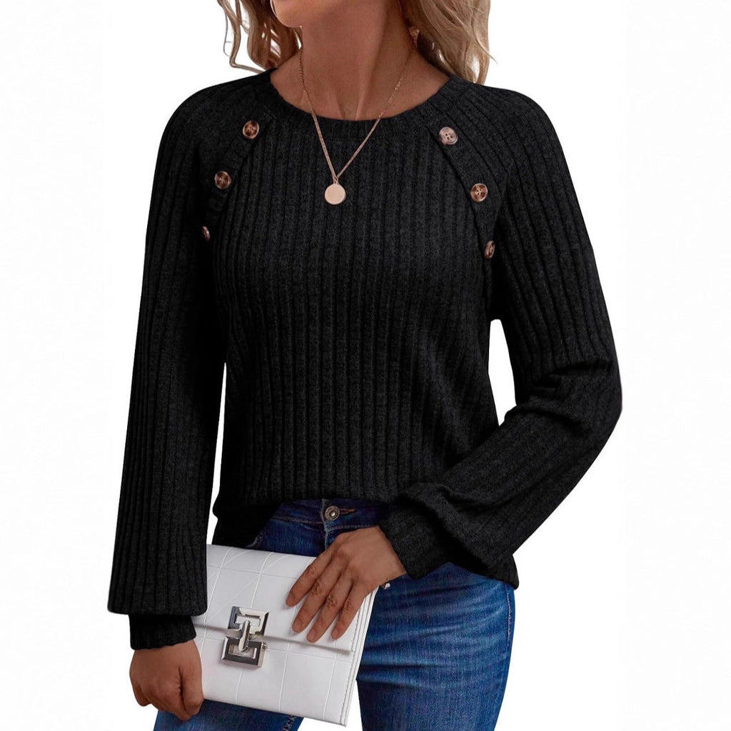 Pull en maille côtelée pour femmes avec patte de boutons décorative sur les manches raglan Echoarchiv