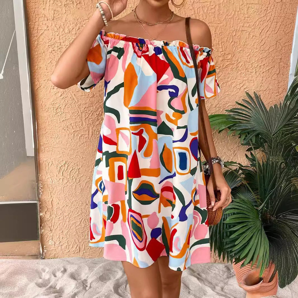 Robe mini A-line sans manches avec col élastique froncé et manches volantées R&B