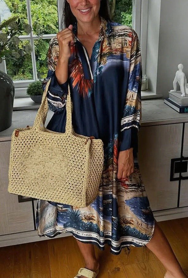 Robe chemise en aspect soie pour femmes au style caftan avec imprimé côtier illustratif R&B
