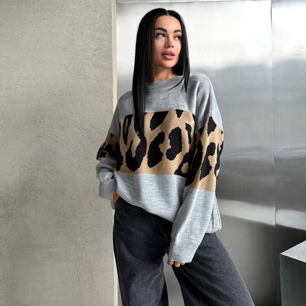 Pull oversized en tricot pour femmes avec des bandes léopard, épaules tombantes et ourlet côtelé