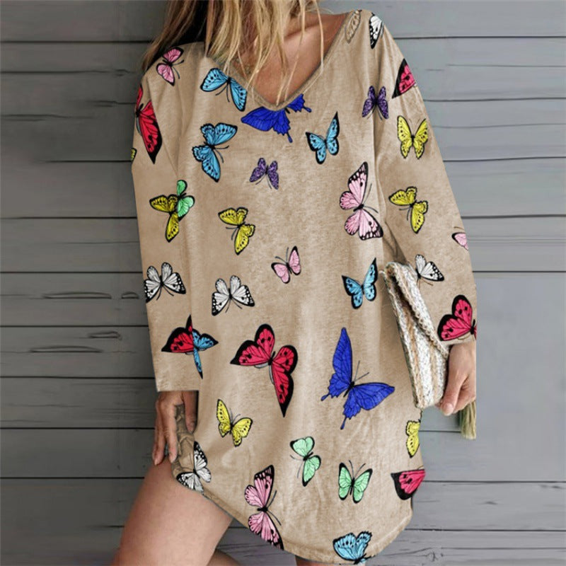 Robe tunique oversize pour femmes avec décolleté en V et imprimé papillon Echo Archive