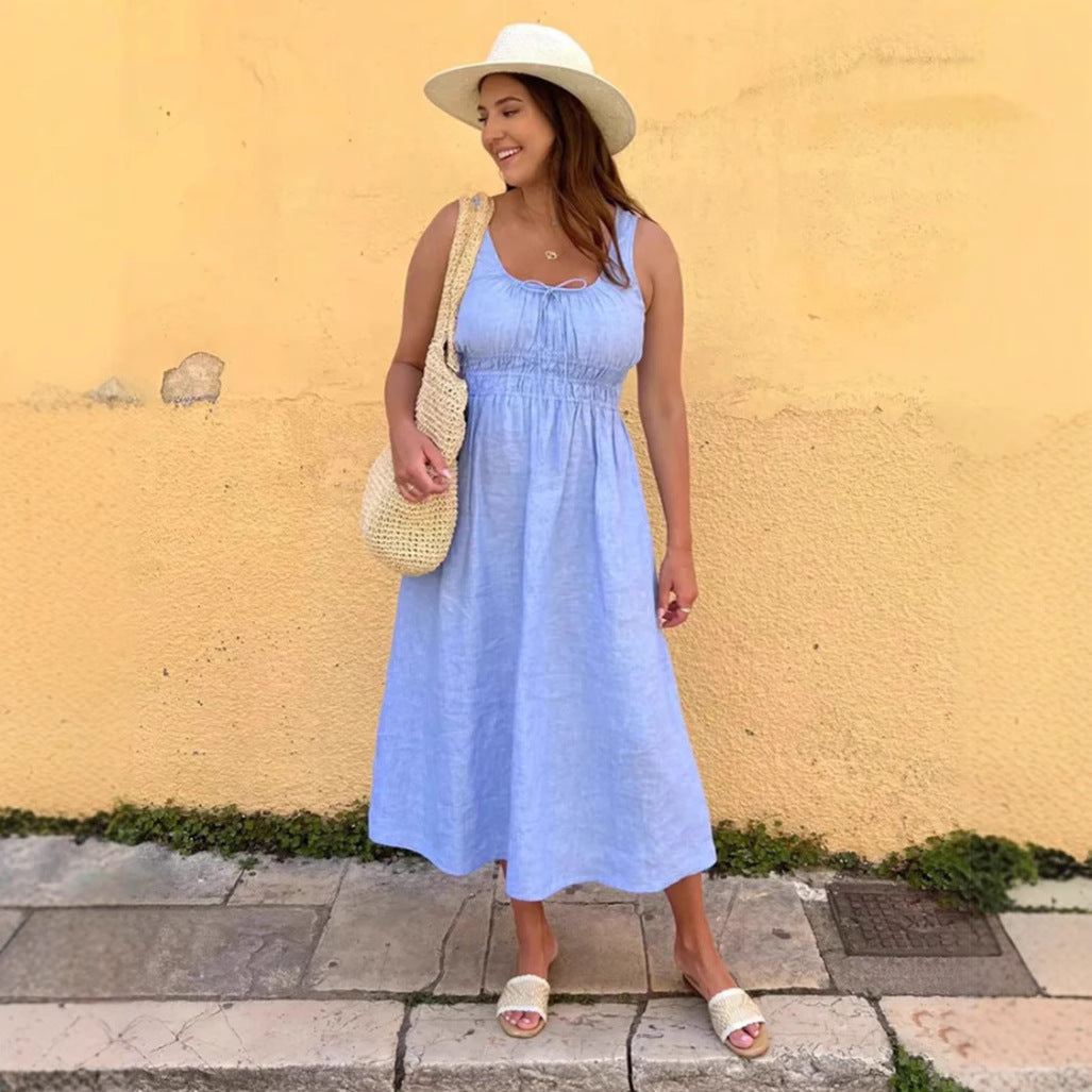 Robe midi en look lin avec bustier froncé, taille élastique et larges bretelles R&B