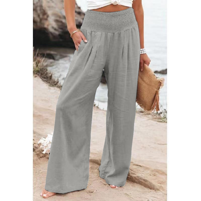 Pantalons larges smockés taille haute en mélange de lin pour femmes Echoarchiv