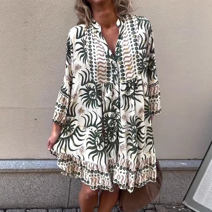 Tunique en viscose légère pour femmes avec patte de boutonnage, taille empire froncée, poignets élastiques et volants R&B