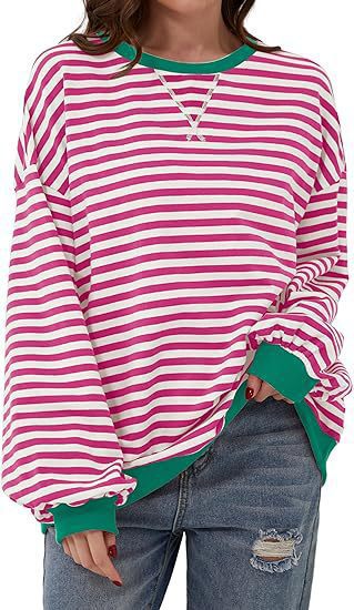 Sweat-shirt à rayures oversize décontracté pour femmes avec manches raglan et bords contrastés Echoarchiv