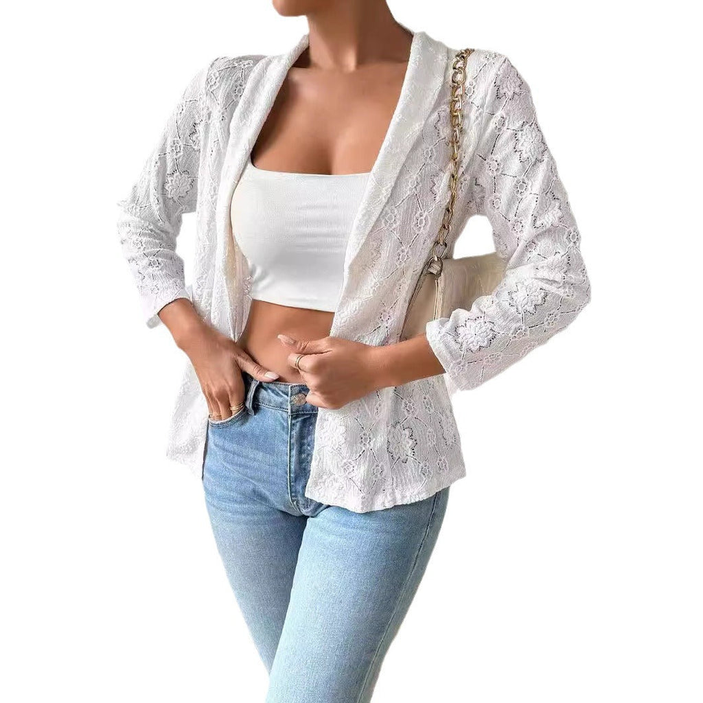 Blazer en dentelle transparente pour femmes avec col châle et manches trois-quarts R&B