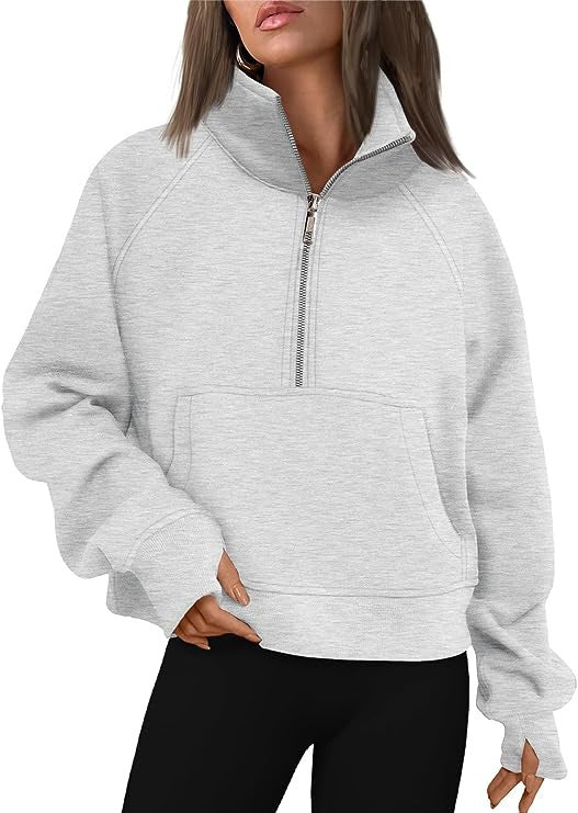 Sweat à capuche femme en polaire oversize raccourci avec demi-fermeture éclair, col montant, poche kangourou et poignets avec trou pour le pouce Echo Archiv