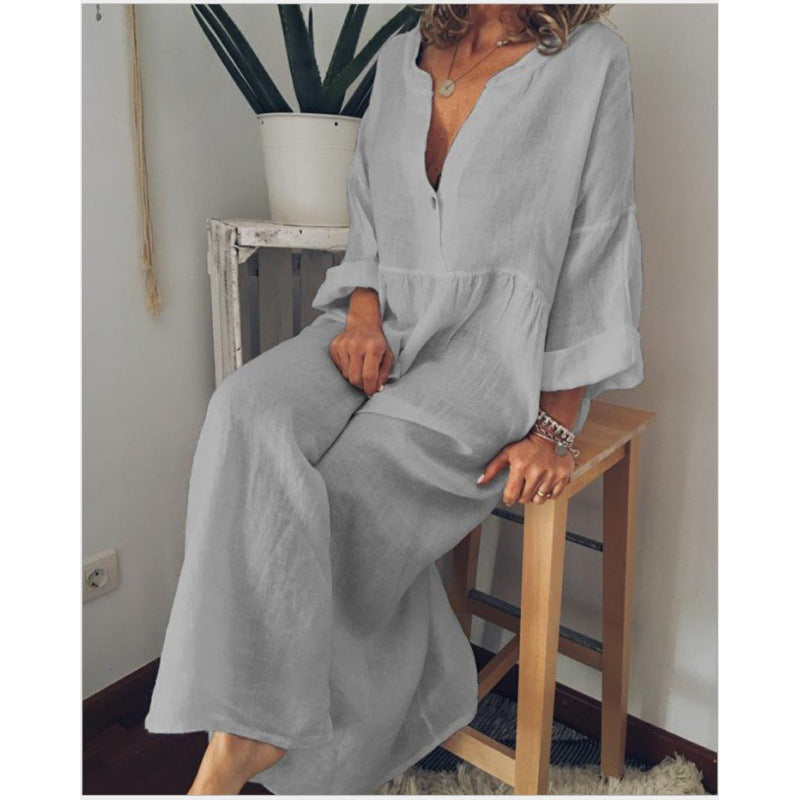 Robe maxi en lin pour femmes avec décolleté en V, taille froncée et manches 3/4 Echo Archive