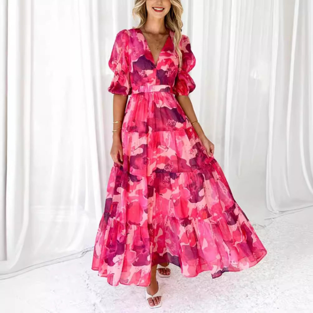 Robe maxi à volants pour femmes avec décolleté en V et taille empire froncée R&B