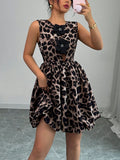 Robe de soirée courte pour femmes avec motif léopard, appliques florales et jupe ballon cintrée R&B