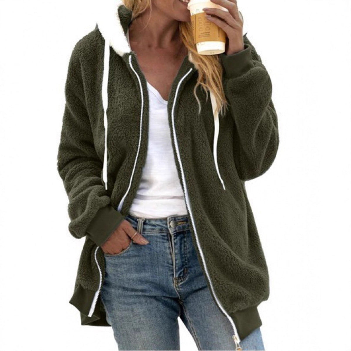 Veste à capuche en teddy polaire douillette pour femmes avec fermeture éclair et coupe oversized
