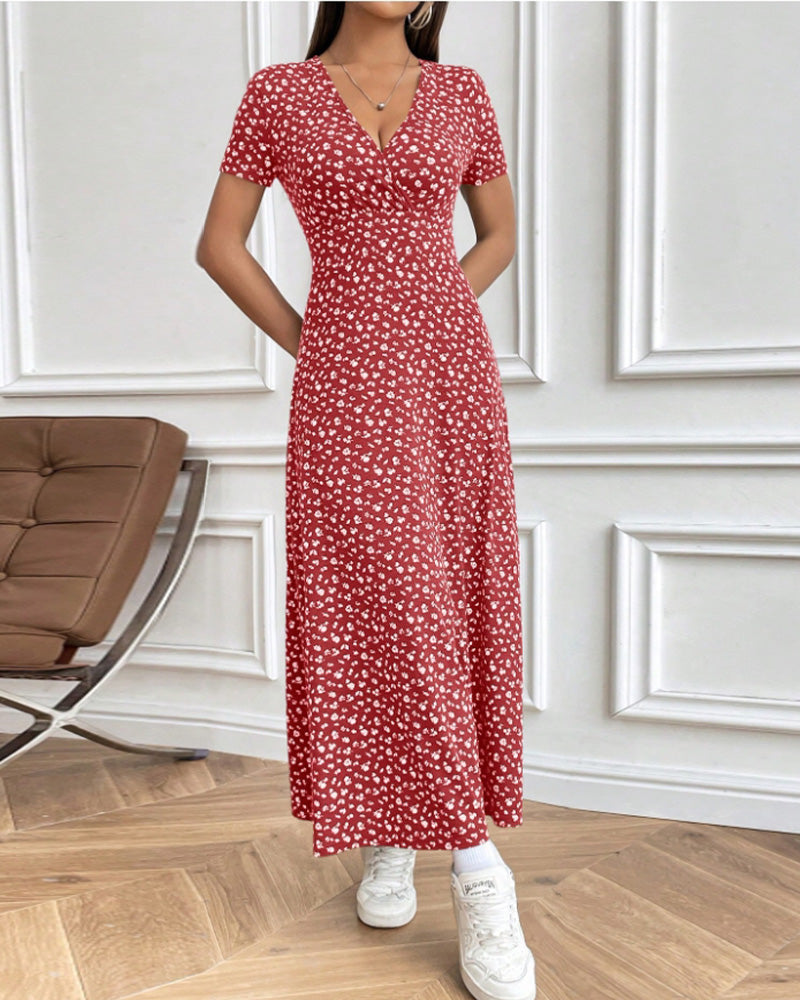Robe midi en jersey cintrée pour femme avec haut croisé, manches courtes et jupe évasée R&B