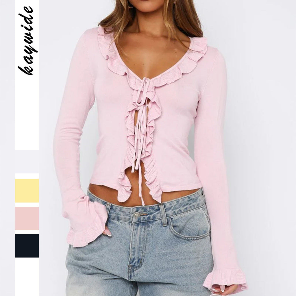 Cardigan en maille fine à volants cintré pour femmes avec lien à nouer, décolleté en V et manches à volants Echo Archiv