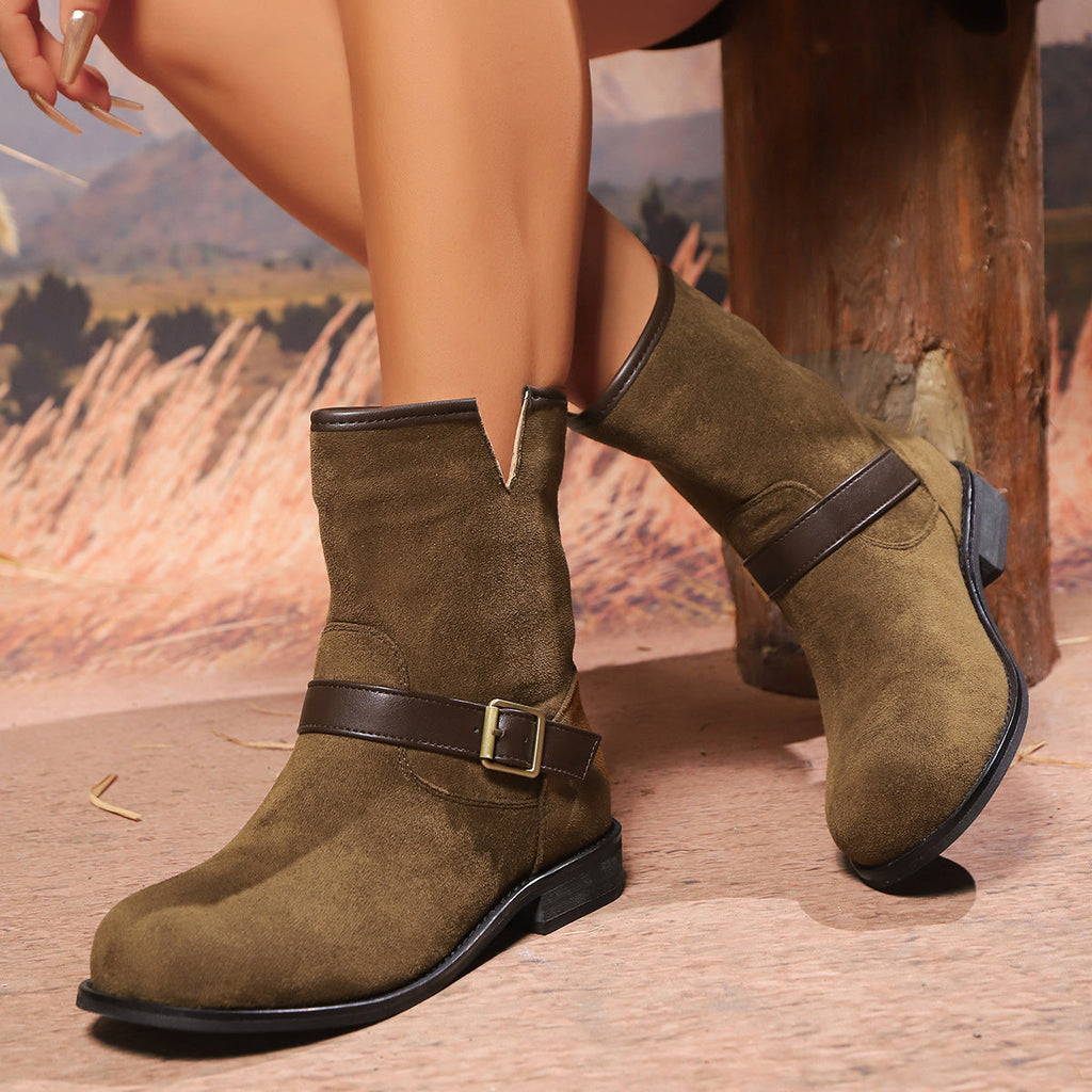 Bottines pour femmes avec décolleté en V, sangle et boucle