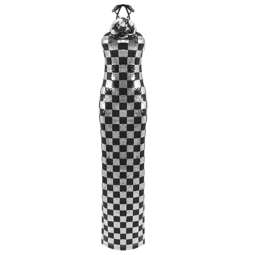 Robe maxi à motif échecs ajustée pour femmes avec paillettes scintillantes Heidi-Mode