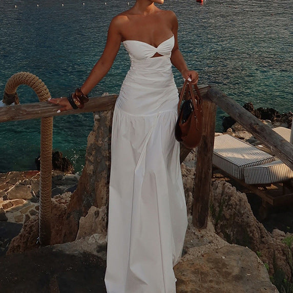 Robe Maxi sans Bretelles pour Femme avec Découpe Décorative et Pli Élégant R&B