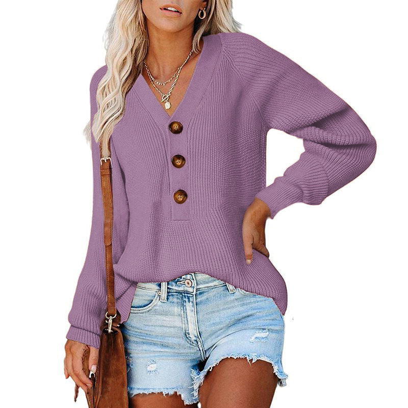 Pull en tricot côtelé pour femmes avec décolleté en V, patte de boutonnage décorative et manches ballon Echoarchiv