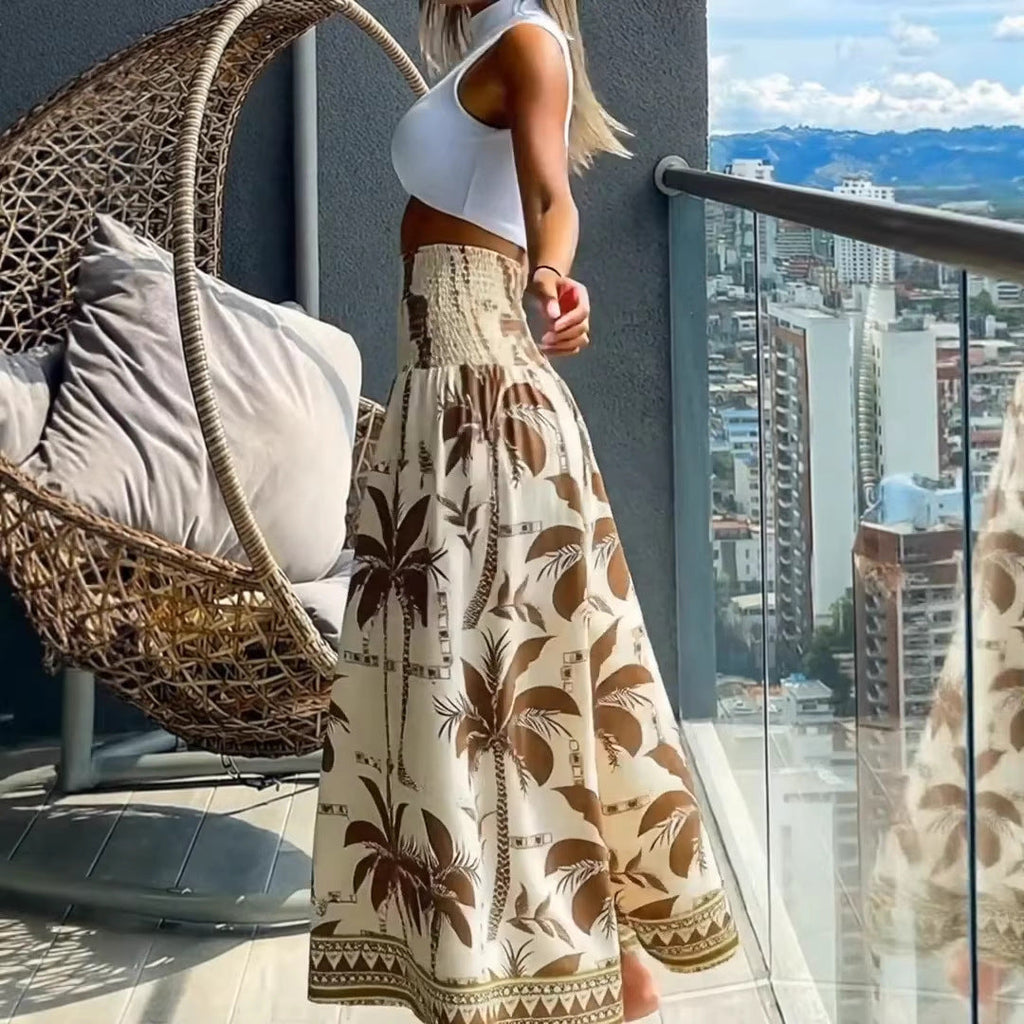 Jupe maxi pour femmes avec taille smockée haute et imprimé bohème de palmiers
