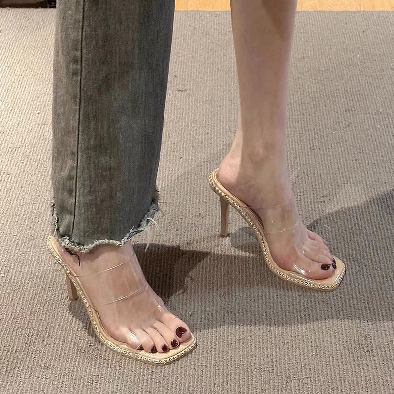 Mules transparentes élégantes pour femmes avec bride scintillante R&B