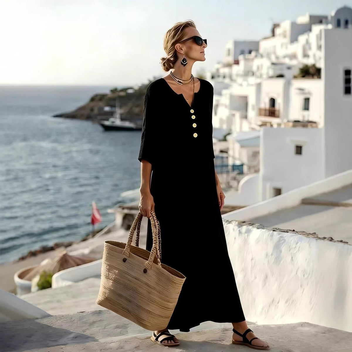 Robe Kaftan Maxi à Col V Détendu à Boutons pour Femmes Echoarchiv