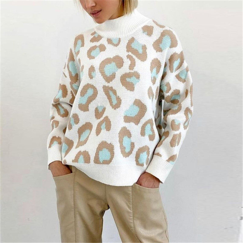 Pull à col roulé oversize pour femmes avec jacquard léopard et bordures côtelées Echoarchiv
