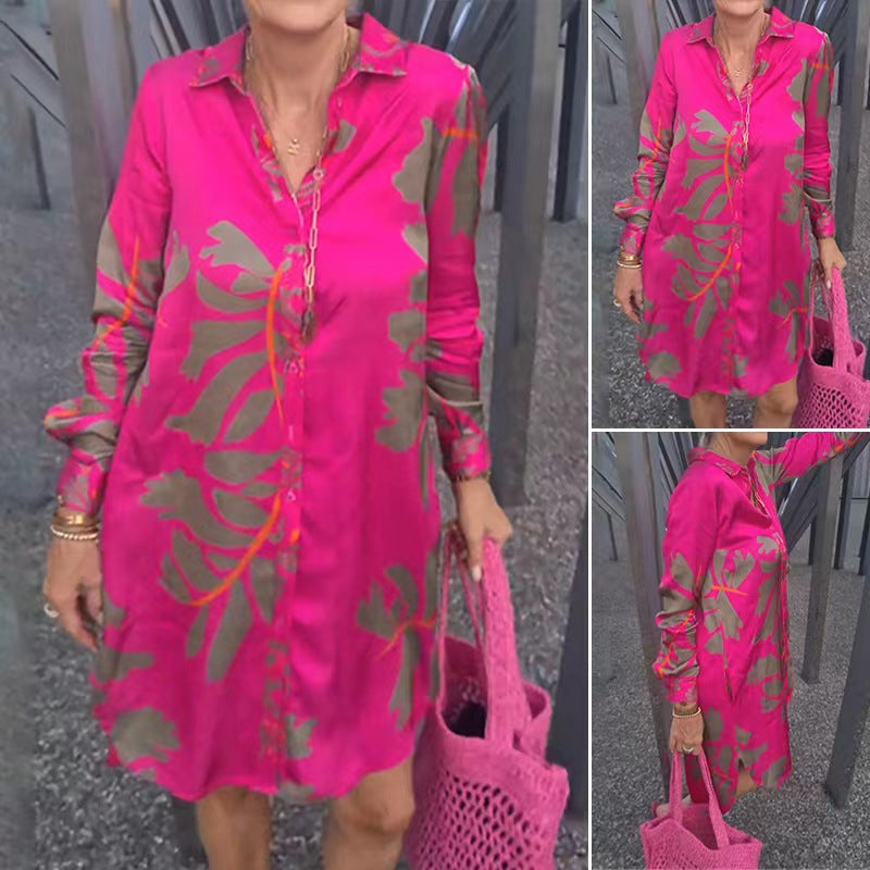 Robe chemise à manches longues pour femmes, tombé décontracté, avec boutonnière intégrale, col de chemise, manches avec poignets et grand imprimé botanique R&B
