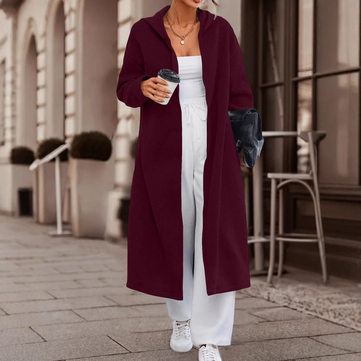 Manteau long oversize à capuche pour femmes avec devant ouvert et doux en polaire Echoarchiv