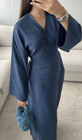Robe maxi portefeuille pour femmes en effet lin avec manches kimono et taille cintrée Echoarchiv