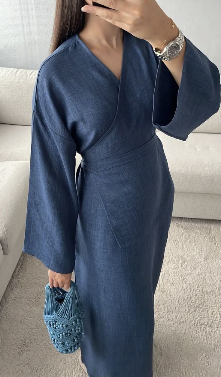 Robe maxi portefeuille pour femmes en effet lin avec manches kimono et taille cintrée Echoarchiv