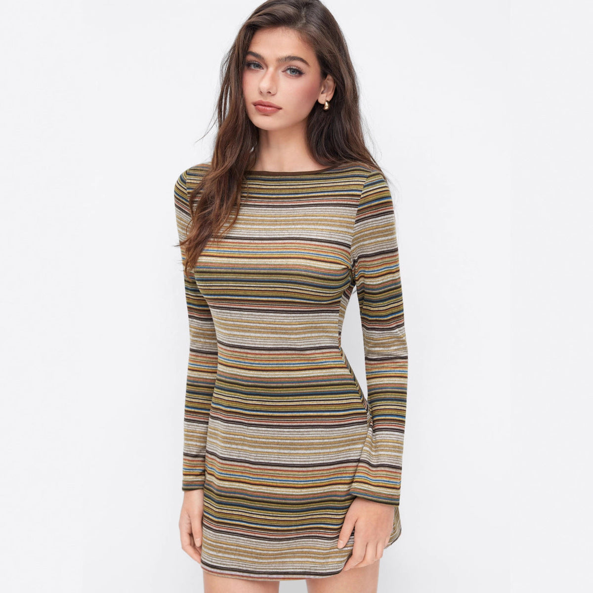 Robe mini en maille fine rayée pour femmes avec silhouette cintrée et manches longues