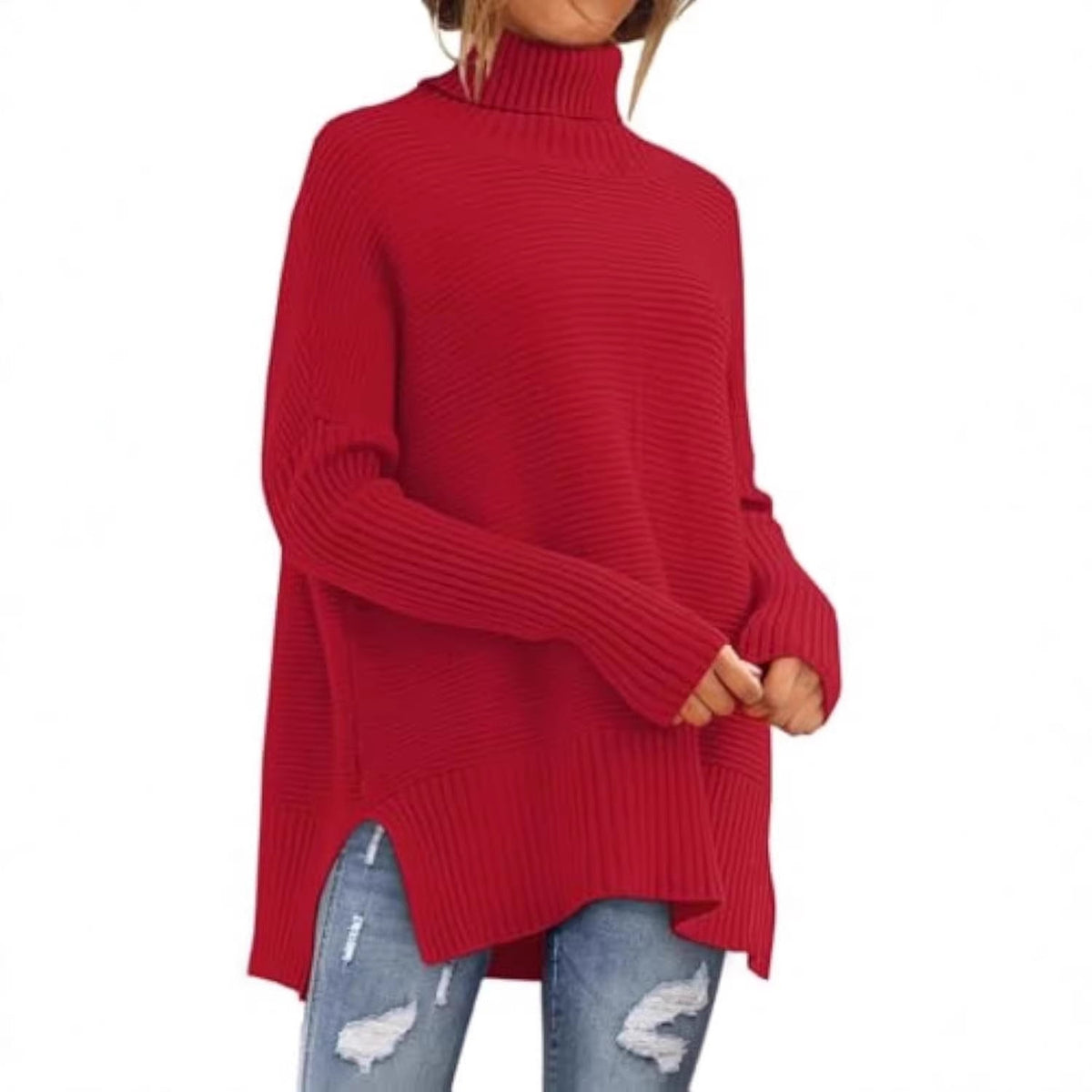 Pull à col roulé oversize en maille côtelée pour femmes avec fentes latérales et ourlet allongé