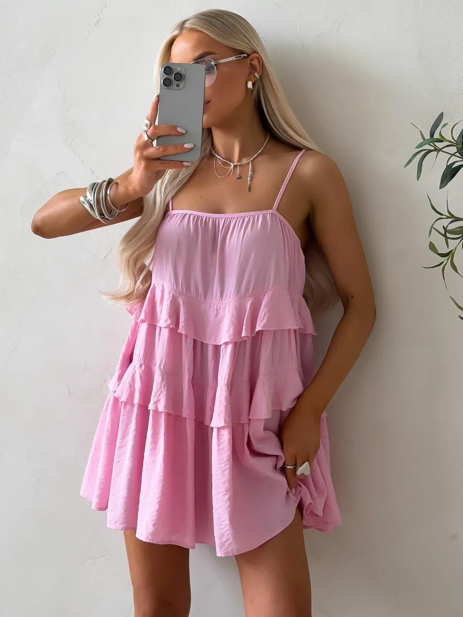 Robe à volants pour femmes en coton léger avec détails en dentelle R&B